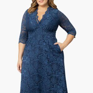 Kiyonna Womens Plus Size 0X Maria Lace Evening Gown in Nocturnal Navy Blue USA